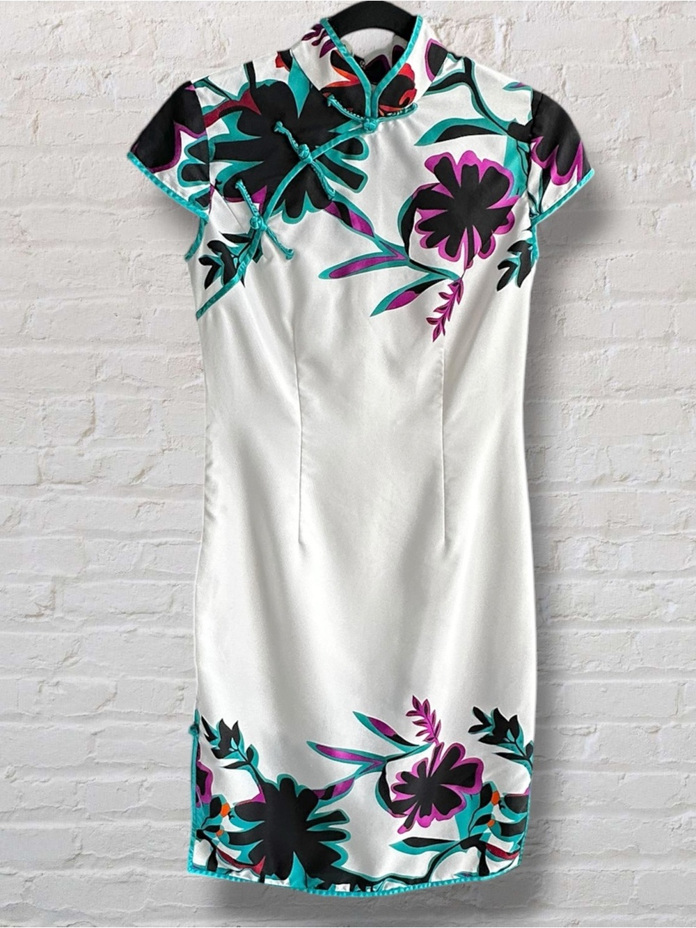 Xiang Ai Jing Vintage Cheongsam Qipao Dress White Teal Floral Frog Closure XS